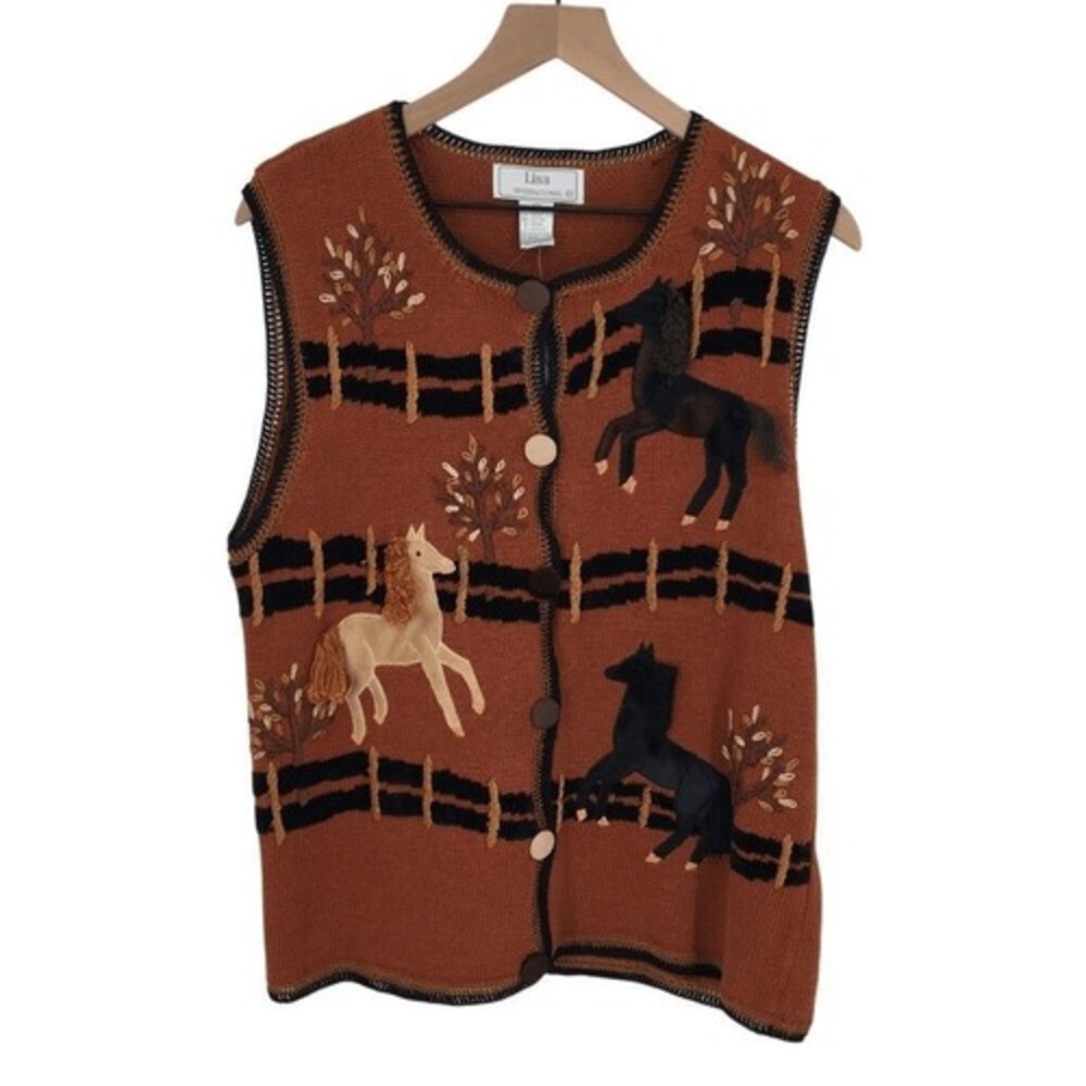 Lisa International Sweater Vest Women Medium Brown Horse Knit Embroidered‎ NWT